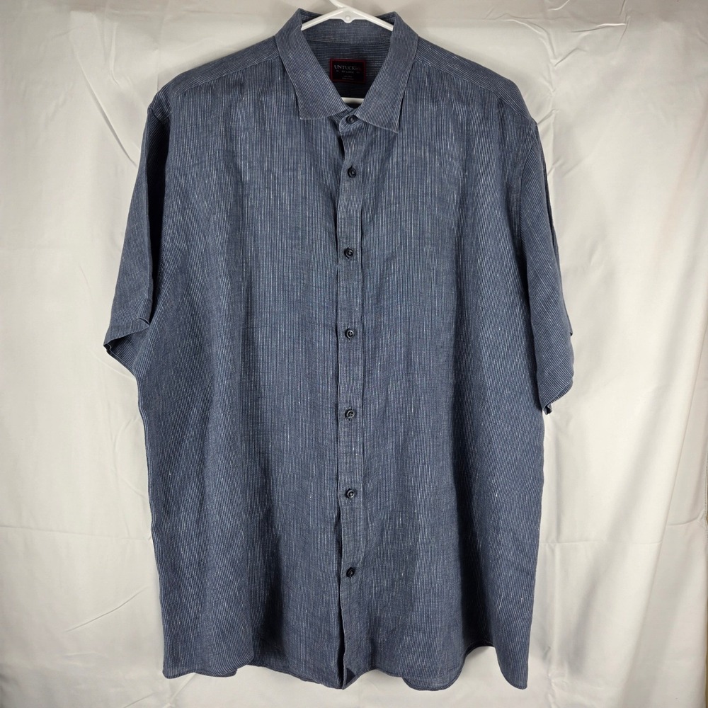 UNTUCKit Mens XXL Blue White Pinstripe Linen Short Sleeve Camp Button Down Shirt - Picture 2 of 7